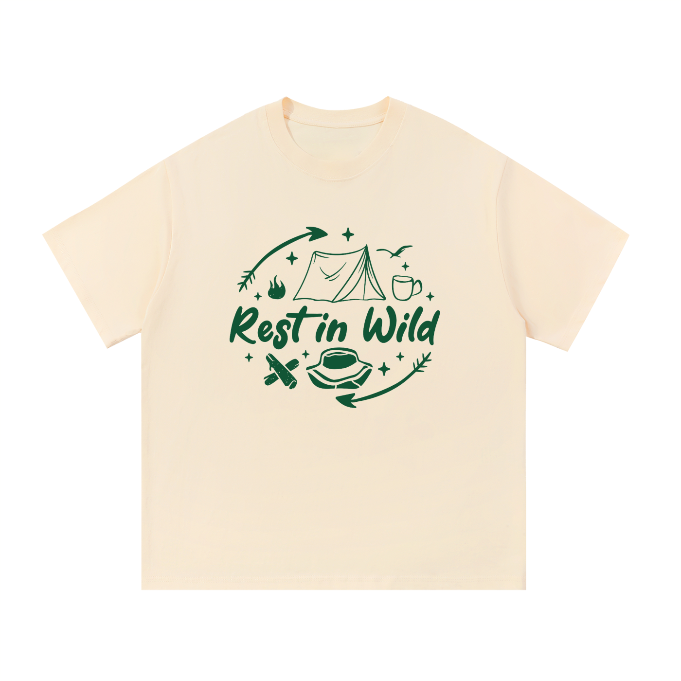 Rest In Wild Camping Line Art Tee in Apricot, flat lay.