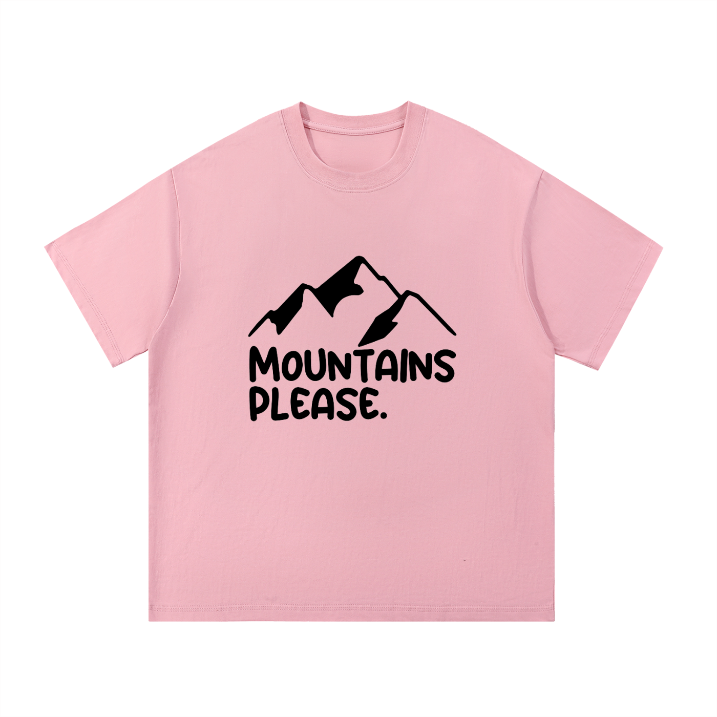 Mountains Please Minimal Line Mountain Tee in Pink, flat lay.