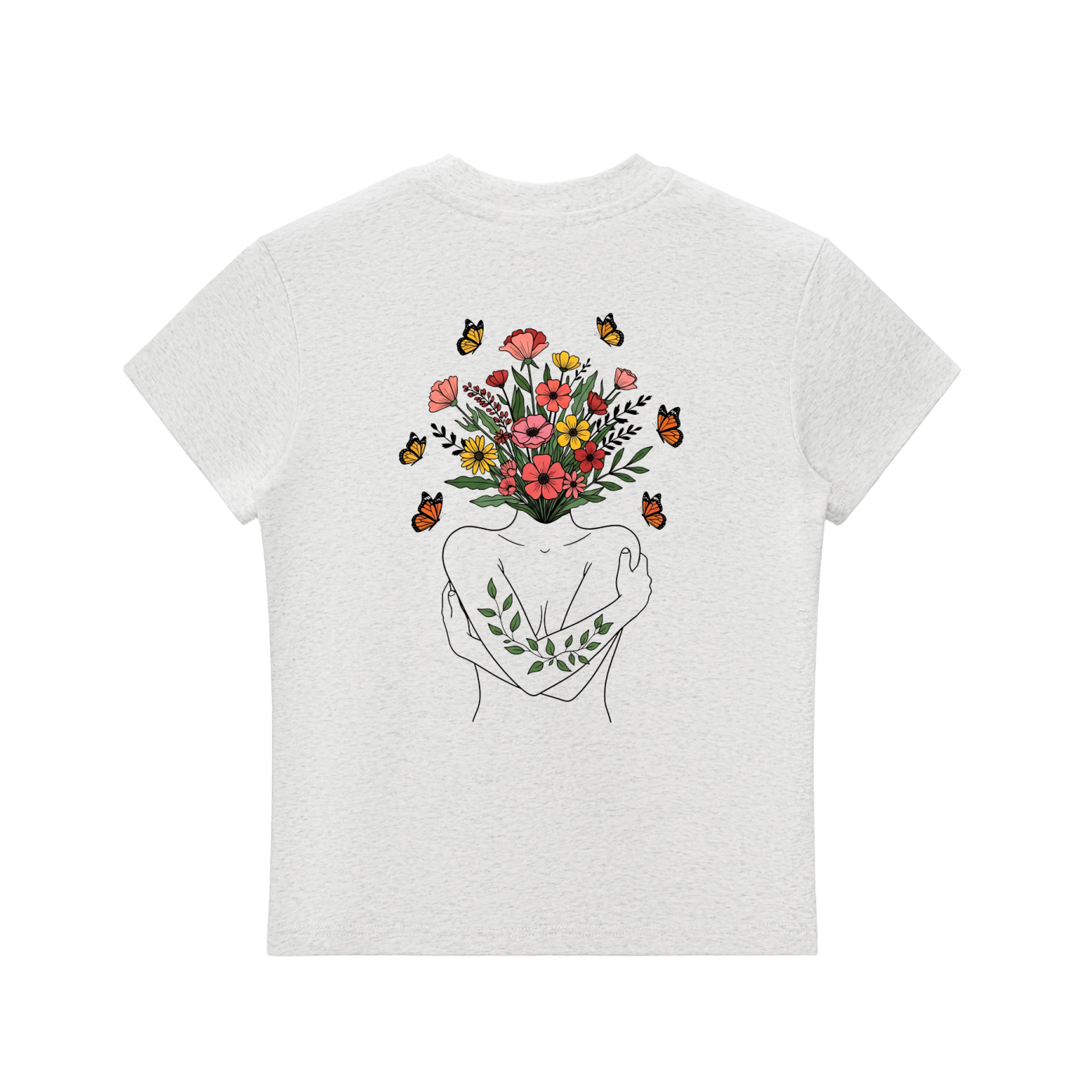Wildflower Line Art Left-Chest Bodycon Tee in Flower Gray, back view.