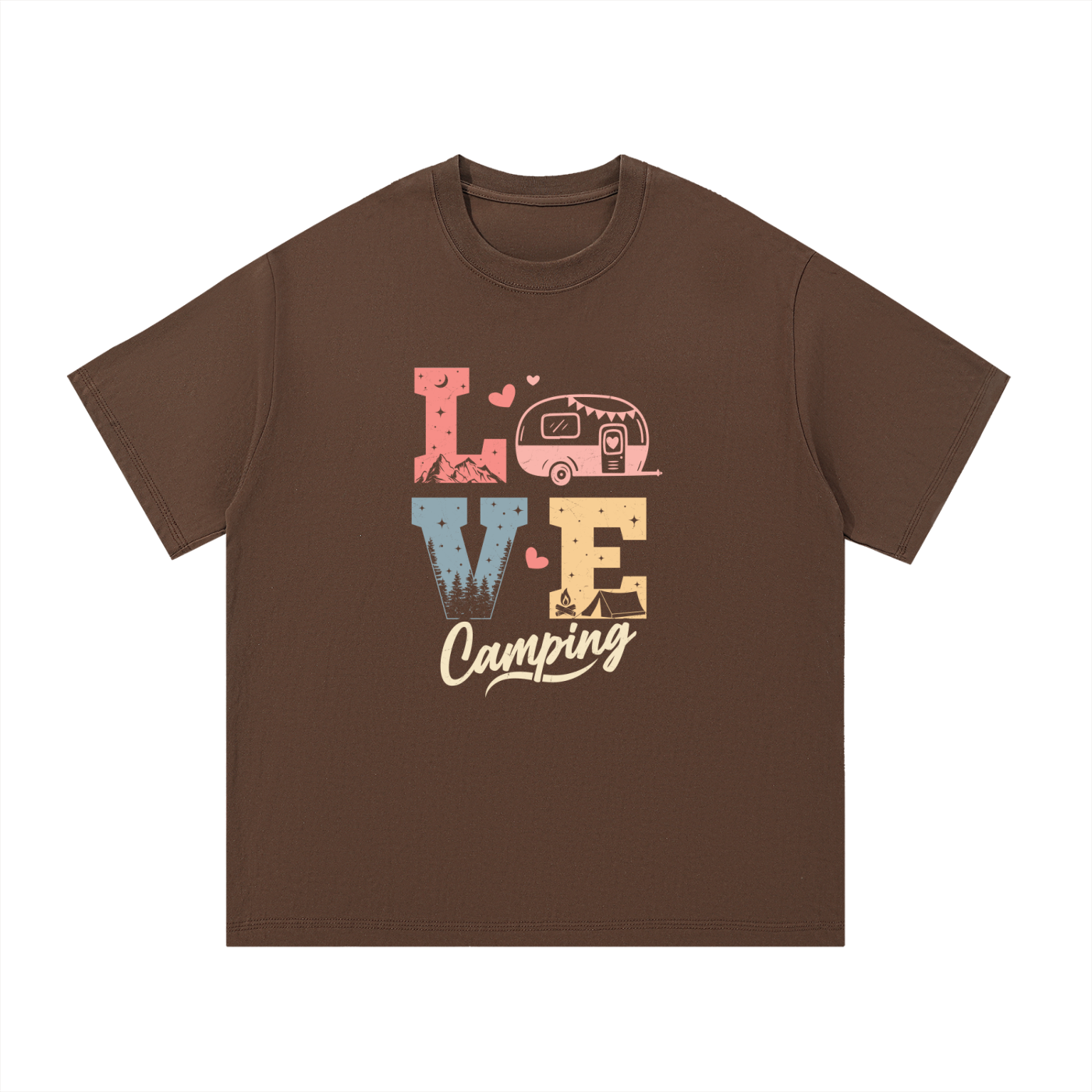 Love Camping Pastel Caravan Retro Tee in Coffee, flat lay.