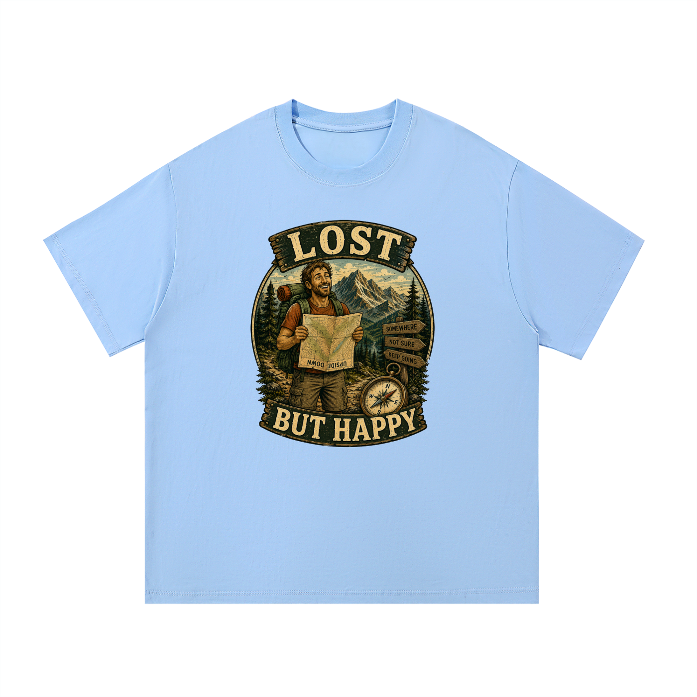 Lost But Happy Vintage Hiker Illustration Tee in Blue, flat lay.
