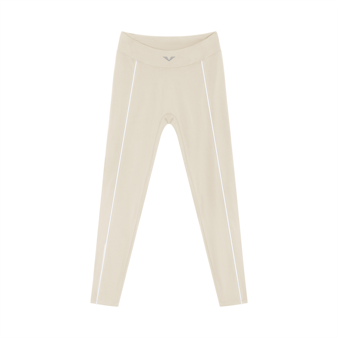 Wing Logo Contrast Piping High-Waist Leggings in Light Apricot, flat lay.