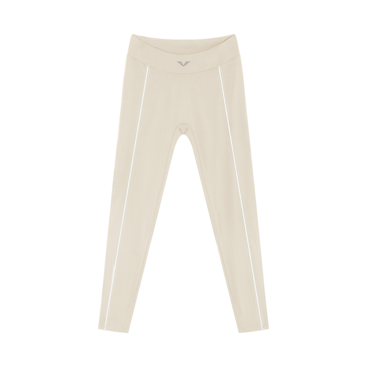 Wing Logo Contrast Piping High-Waist Leggings in Light Apricot, flat lay.