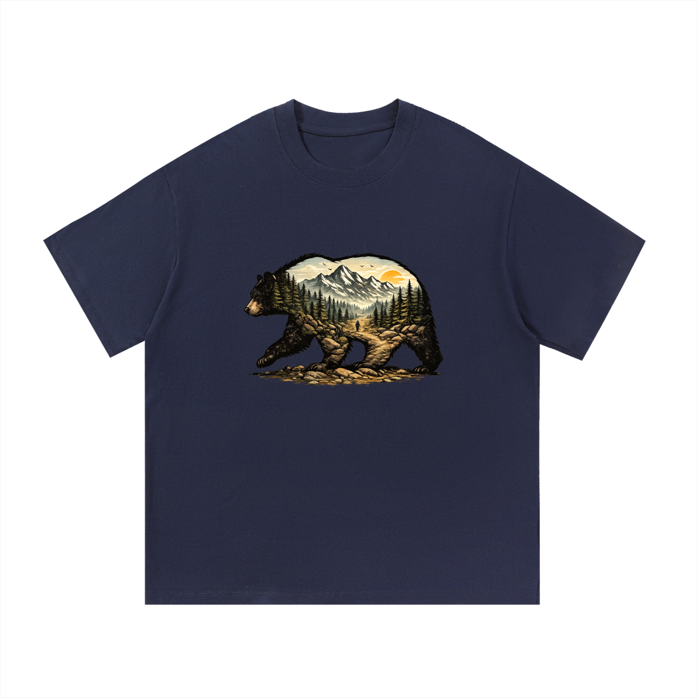 Bear Double Exposure Mountain Landscape Tee in Navy Blue, flat lay.