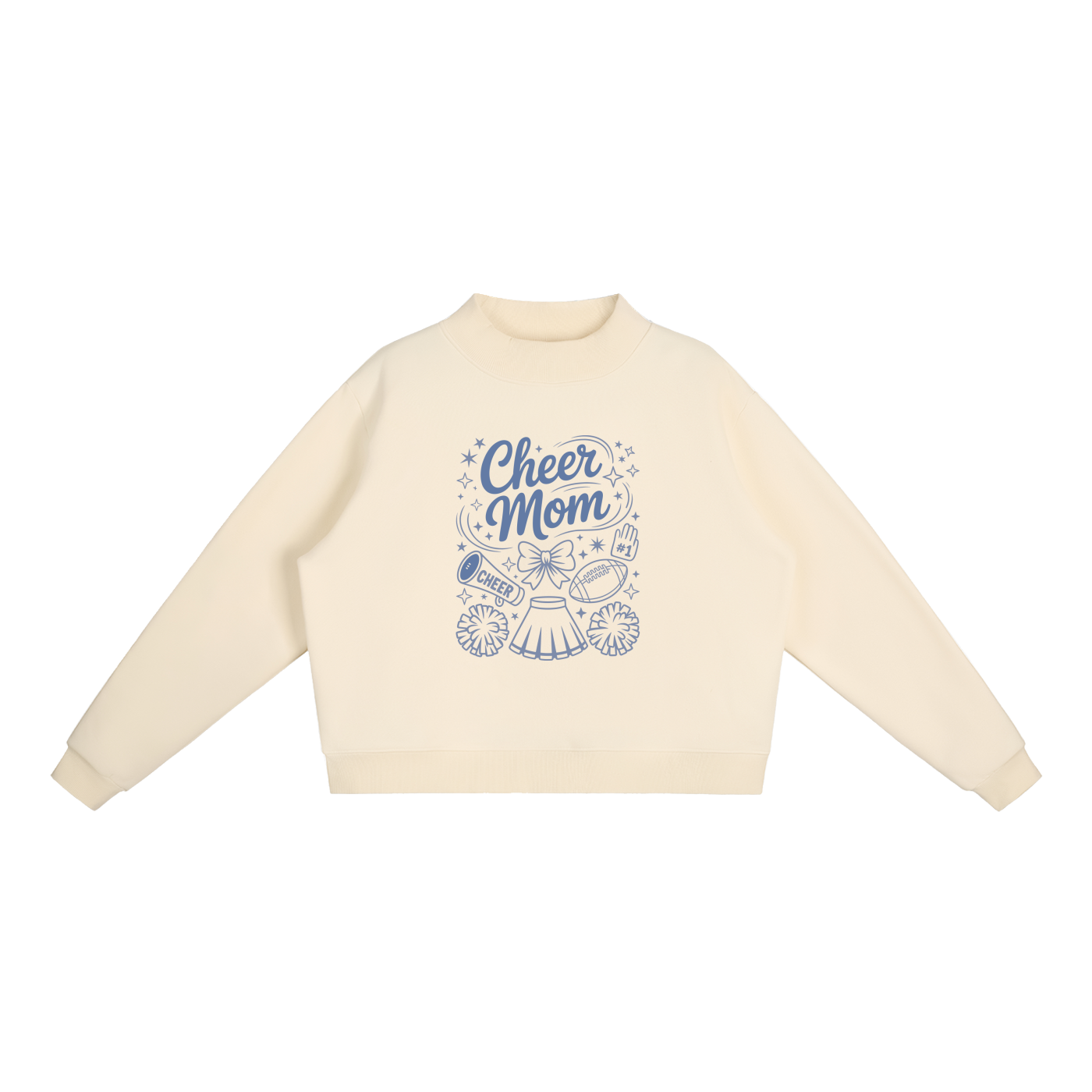 Cheer Mom Doodle Icons Cropped Sweatshirt in Cream Apricot, flat lay.