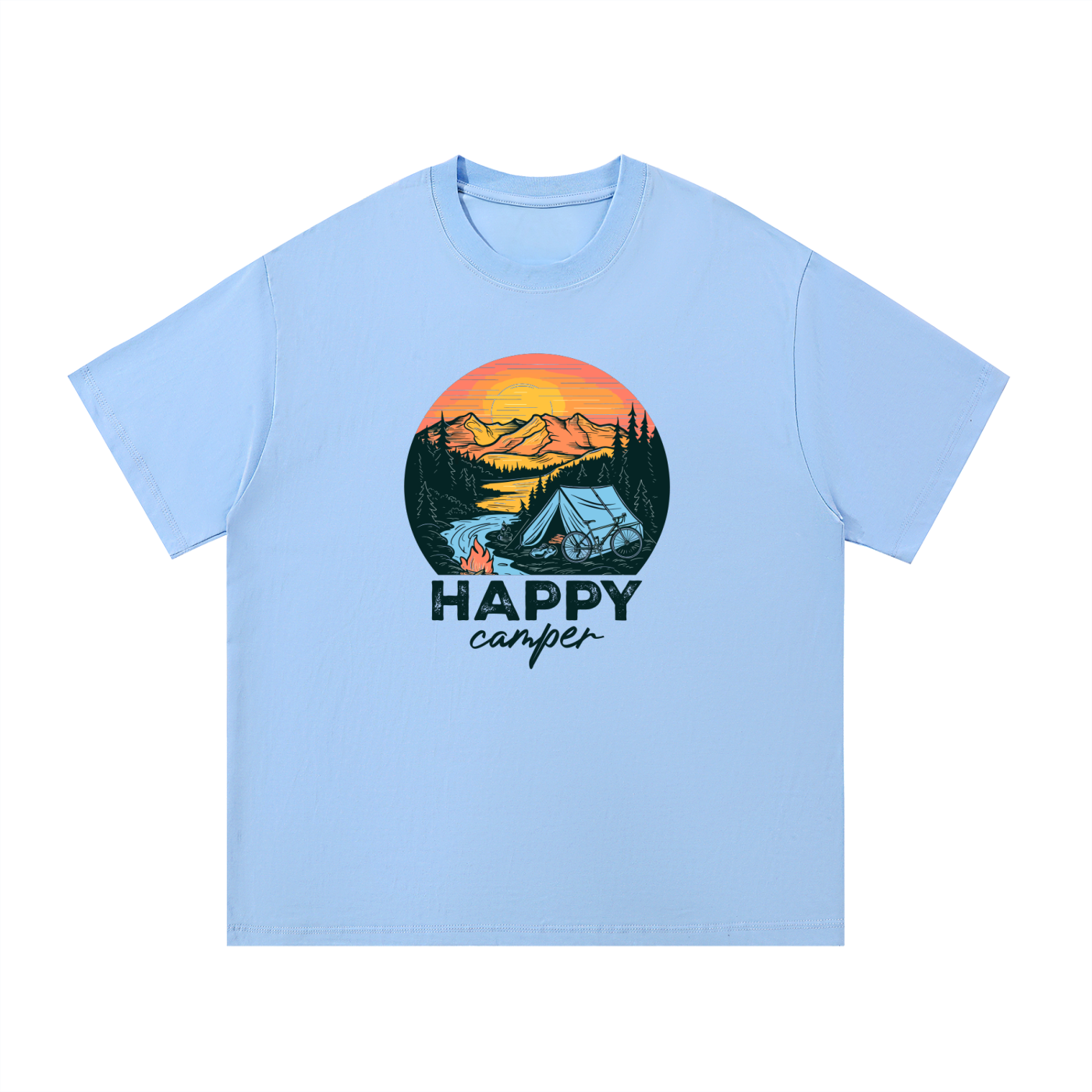 Happy Camper Sunset Tent Illustrated Tee in Blue, flat lay.