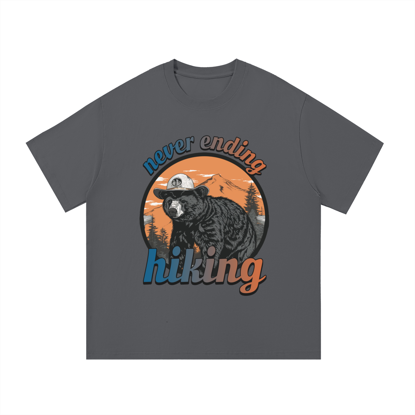 Never Ending Hiking Retro Bear Cotton Tee in Dark Gray, flat lay.