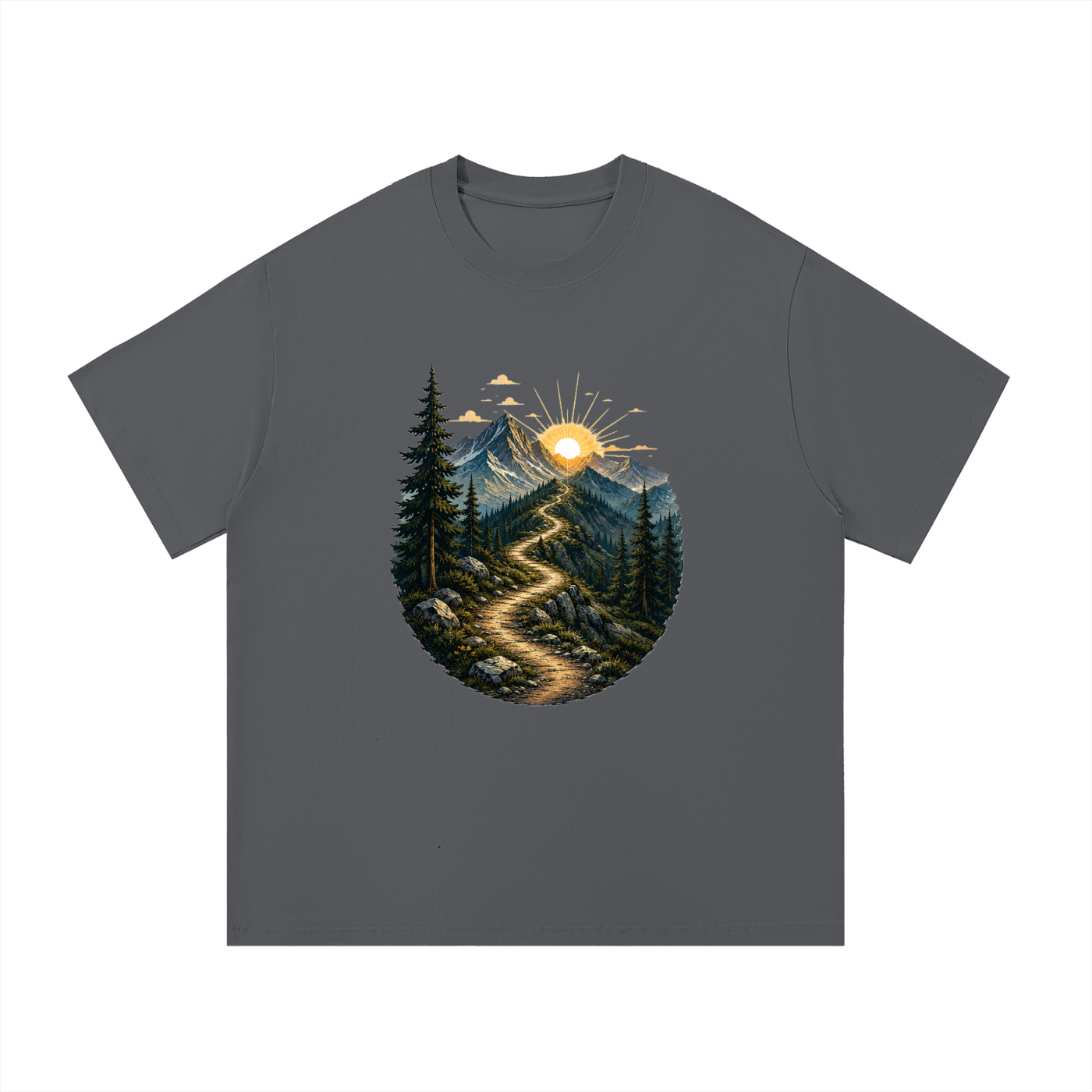 Mountain Trail Sunrise Illustrated Cotton Tee in Dark Gray, flat lay.