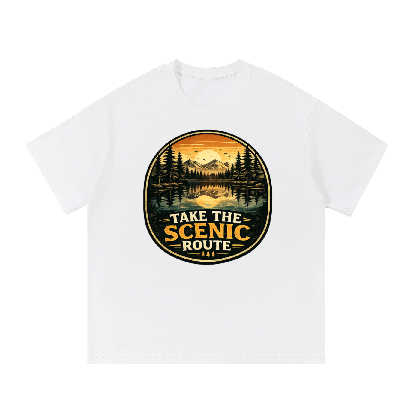 Take The Scenic Route Vintage Lake Badge Tee in White, flat lay.