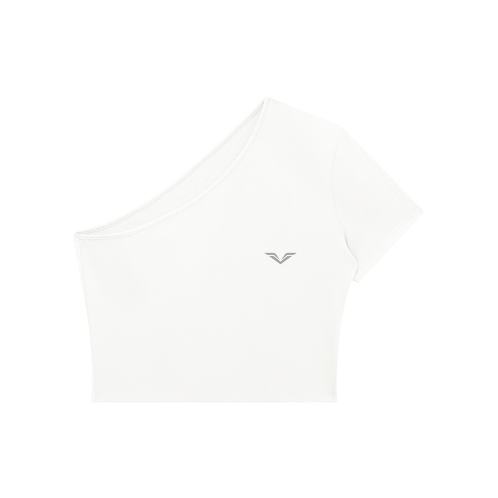 Wing Logo One-Shoulder Crop Top in White, flat lay.