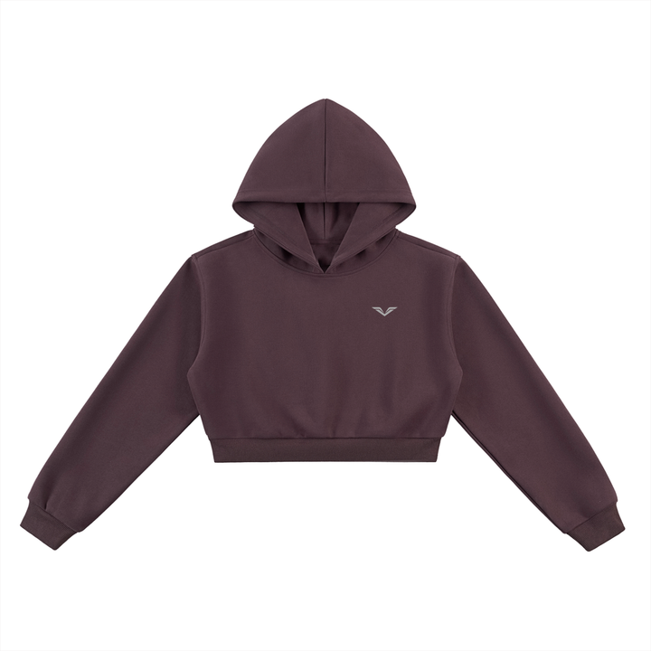 Wing Logo Essential Cropped Hoodie in Dark Reddish Purple, flat lay.