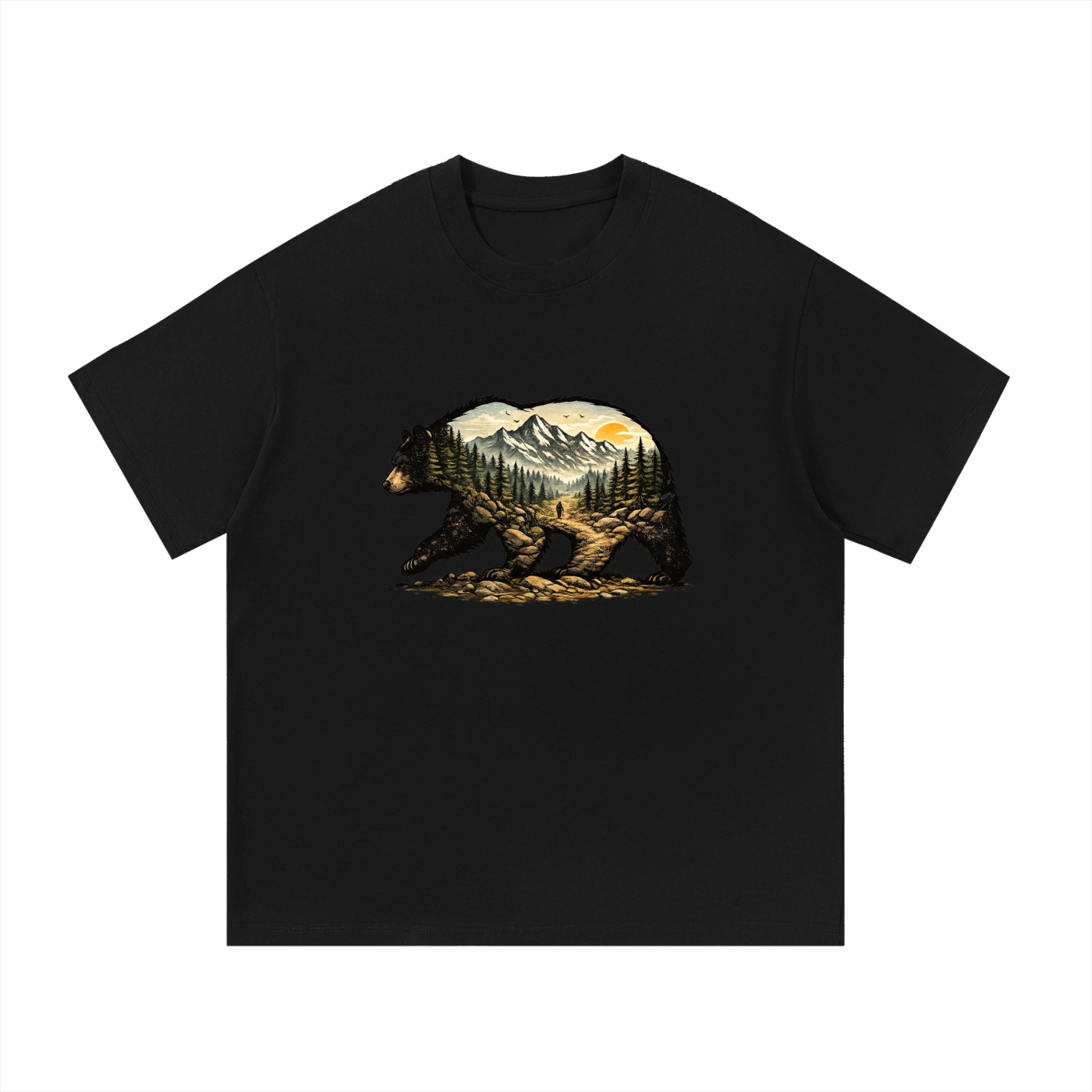 Bear Double Exposure Mountain Landscape Tee in Black, flat lay.