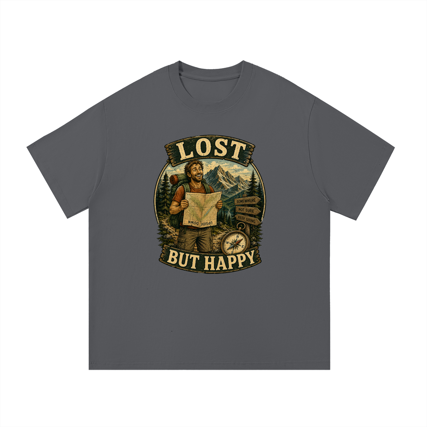 Lost But Happy Vintage Hiker Illustration Tee in Dark Gray, flat lay.