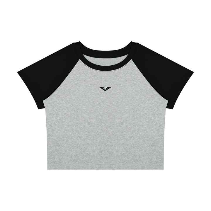 Wing Logo Raglan Colour-Block Baby Tee in Flower Gray with Black, flat lay.