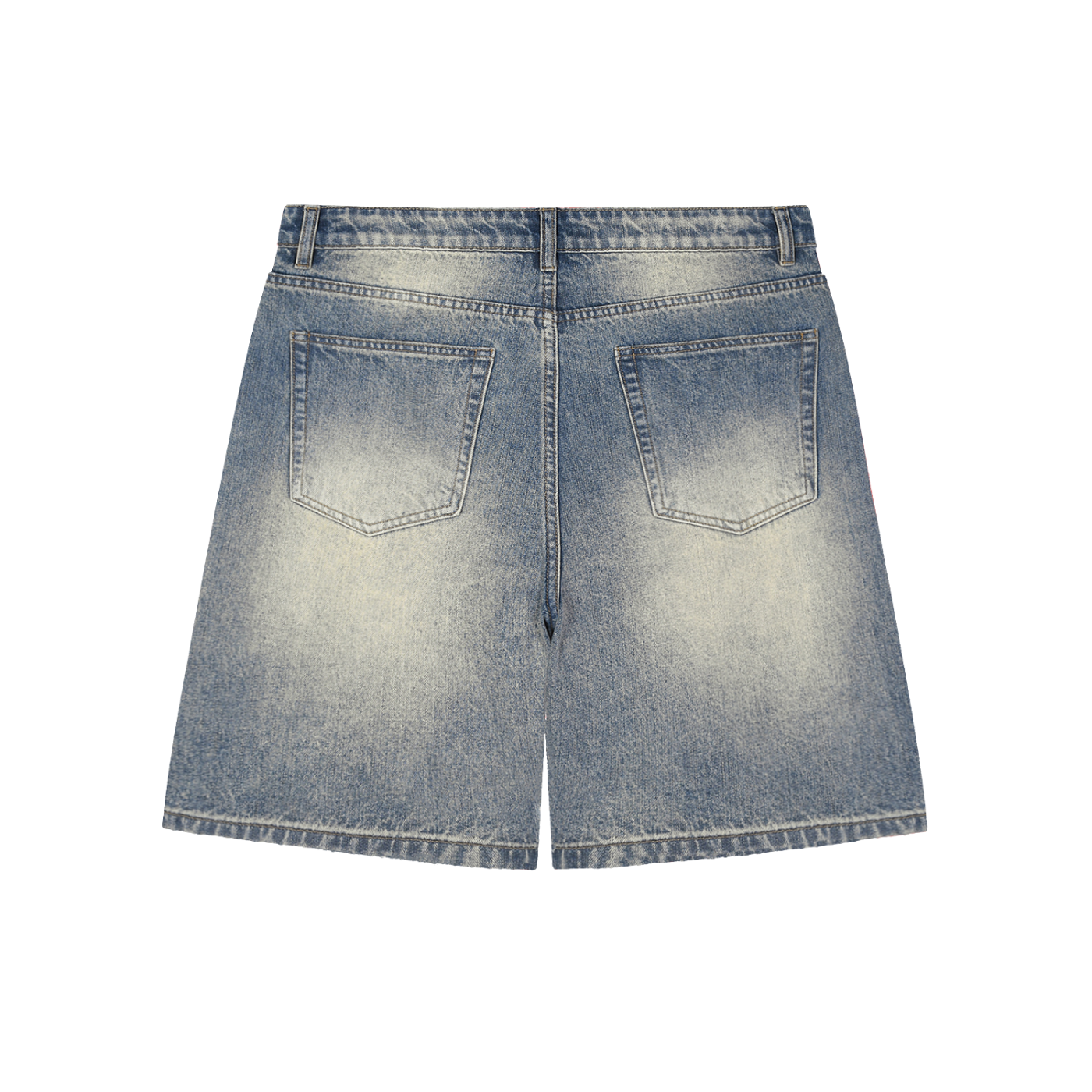 GALOVTE Faded Distressed Baggy Denim Shorts in Blue, back view.
