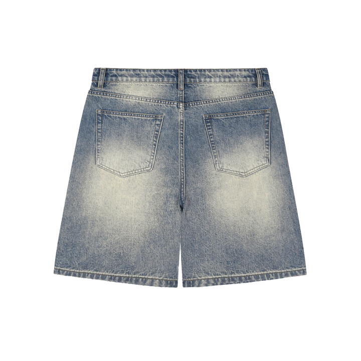 GALOVTE Faded Distressed Baggy Denim Shorts in Blue, back view.