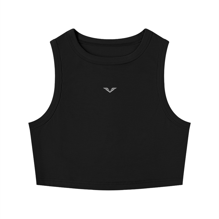 Wing Logo Fitted Crewneck Crop Tank in Black, flat lay.