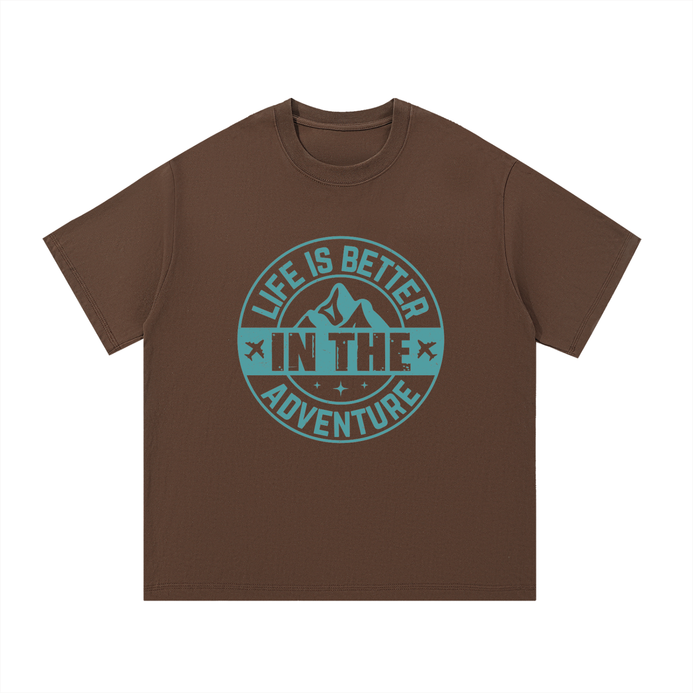 Life Is Better In The Adventure Mountain Badge Tee in Coffee, flat lay.
