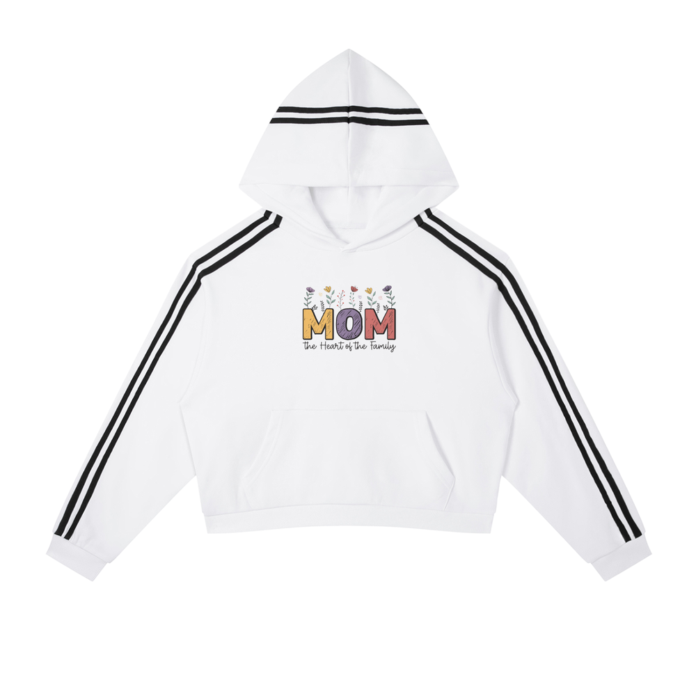 Mom The Heart Of The Family Floral Crop Hoodie in White, flat lay.