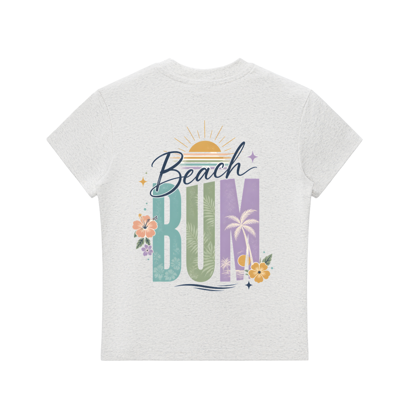 Beach Bum Left-Chest Summer Bodycon Tee in Flower Gray, back view.