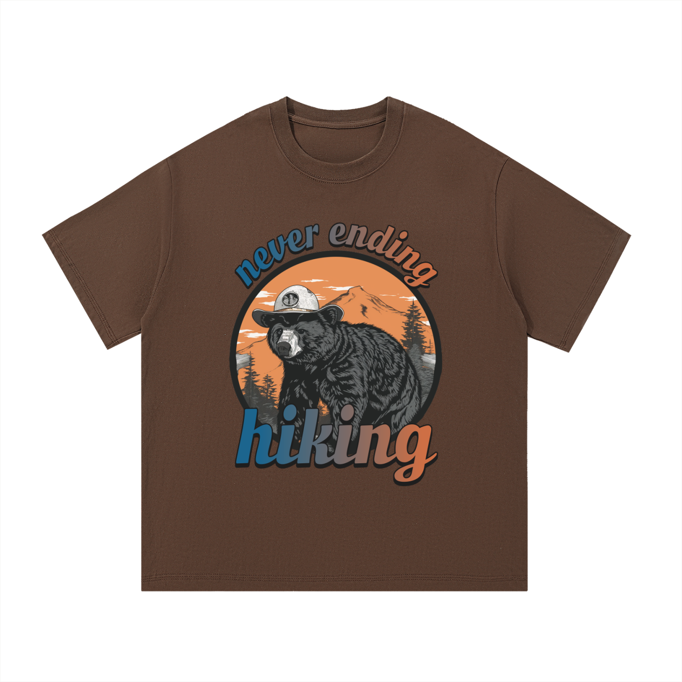 Never Ending Hiking Retro Bear Cotton Tee in Coffee, flat lay.