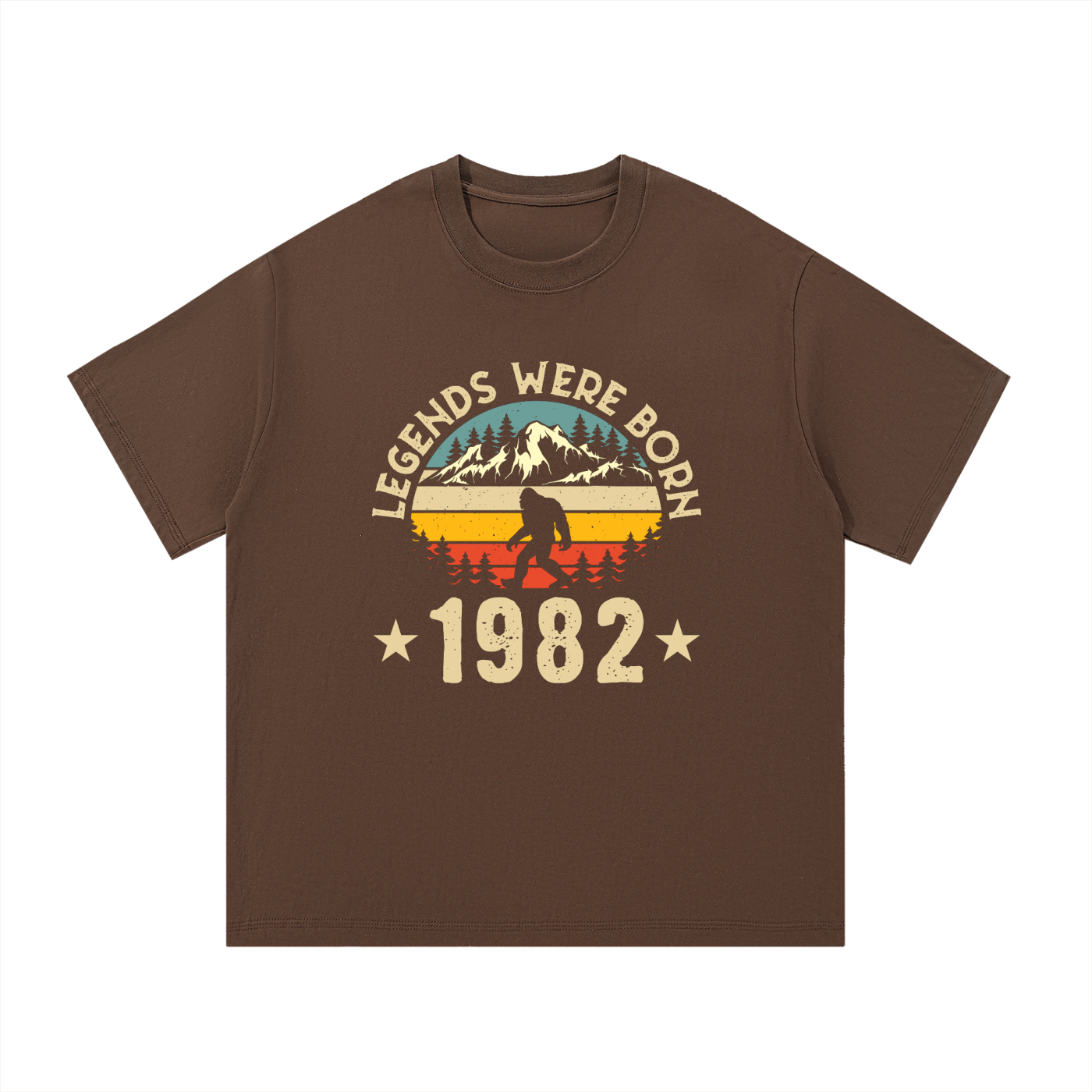Legends Were Born 1982 Retro Birthday Tee in Coffee, flat lay.
