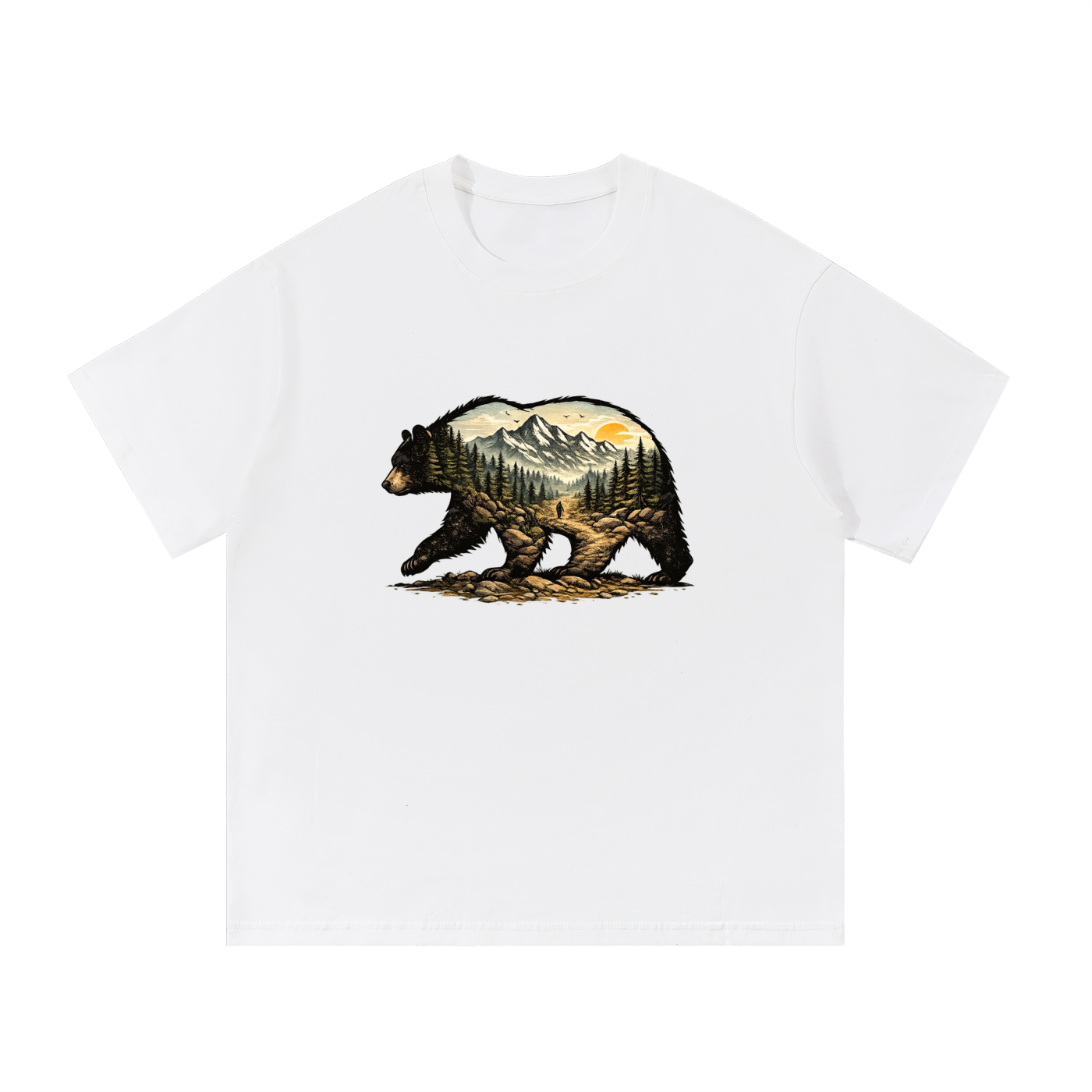 Bear Double Exposure Mountain Landscape Tee in White, flat lay.