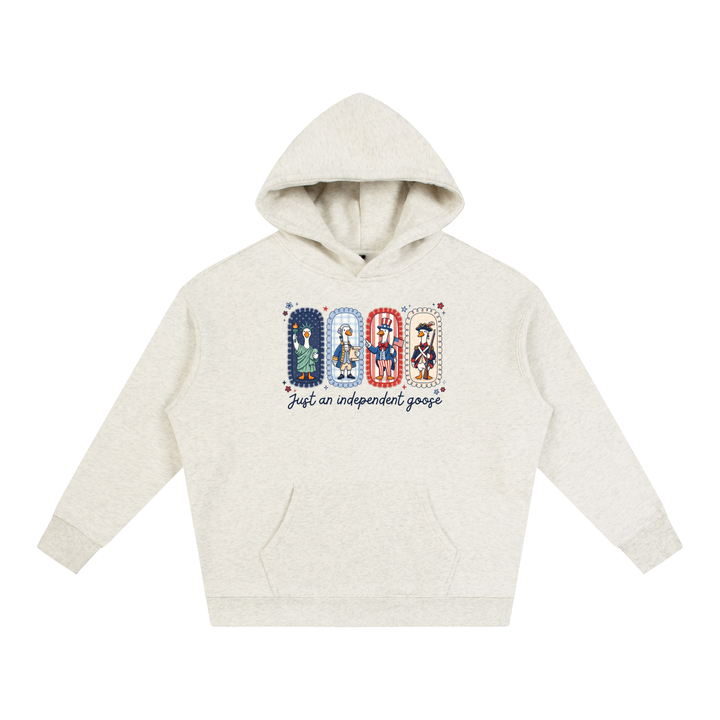 Just An Independent Goose Fourth of July Hoodie in Oat Gray, flat lay.