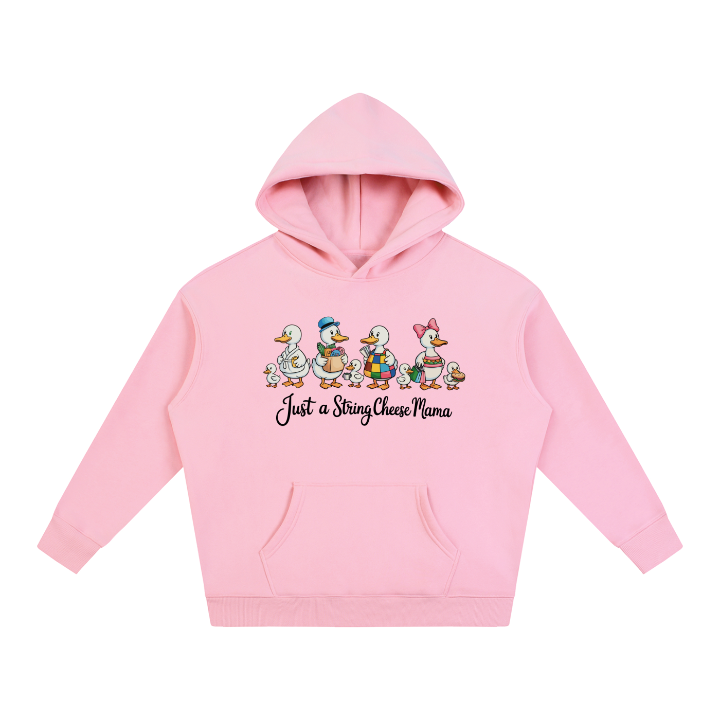 Just A String Cheese Mama Goose Family Hoodie in Pink, flat lay.