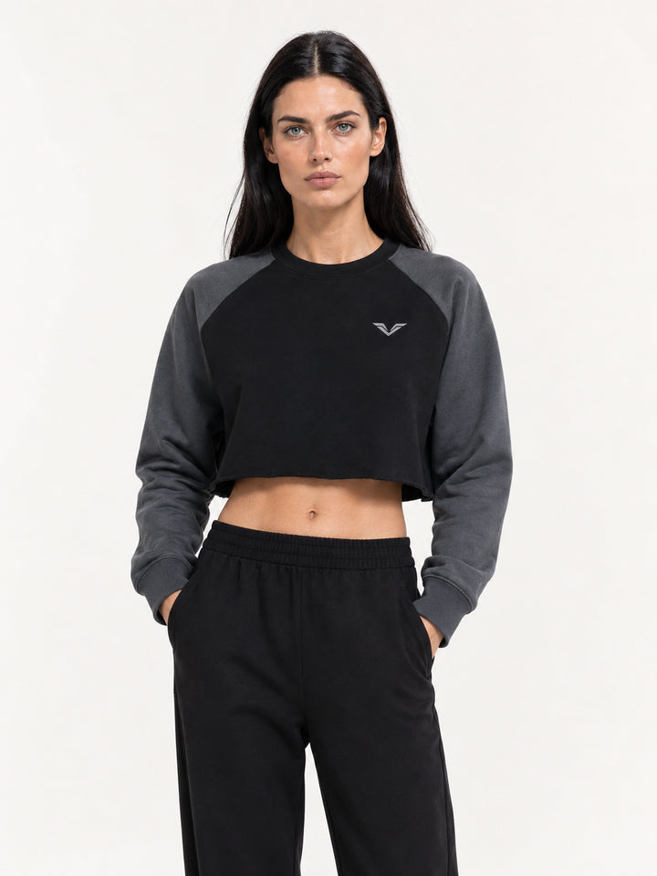 Wing Logo Raw Hem Colour-Block Crop Sweatshirt
