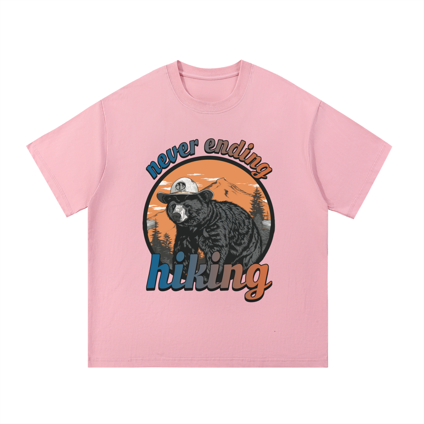 Never Ending Hiking Retro Bear Cotton Tee in Pink, flat lay.