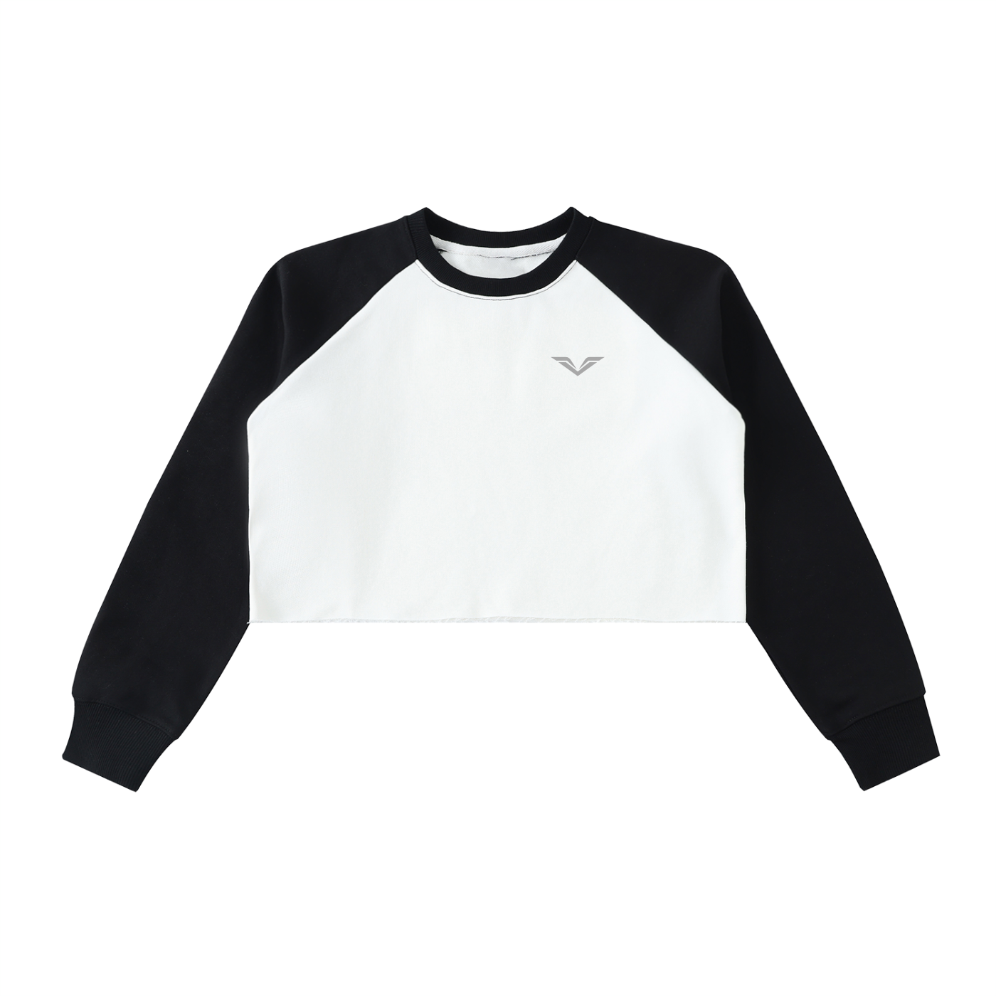 Wing Logo Raw Hem Colour-Block Crop Sweatshirt in Beige with Black, flat lay.