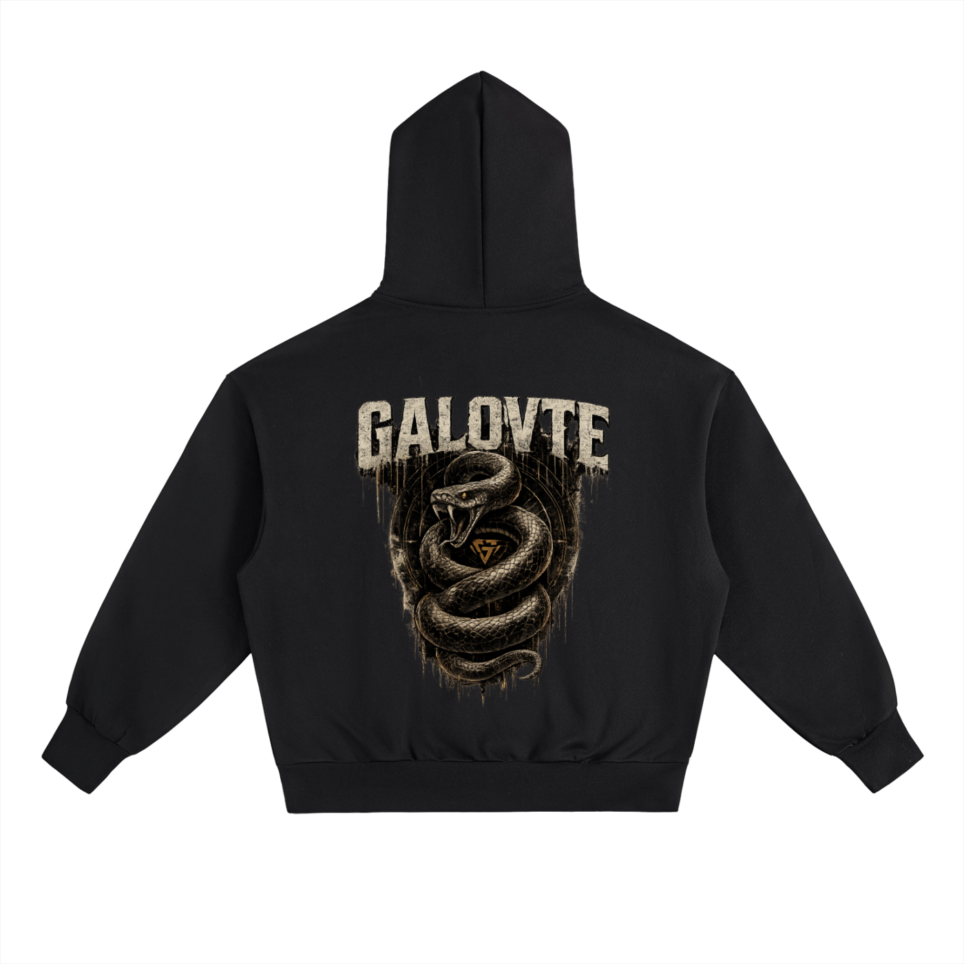 GALOVTE Winged Badge Heavyweight Fleece Hoodie in Black, back view.