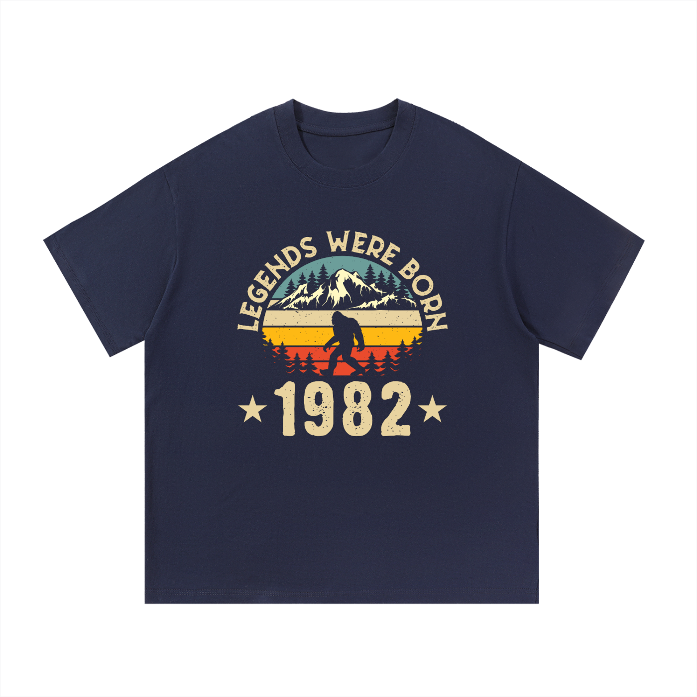 Legends Were Born 1982 Retro Birthday Tee in Navy Blue, flat lay.