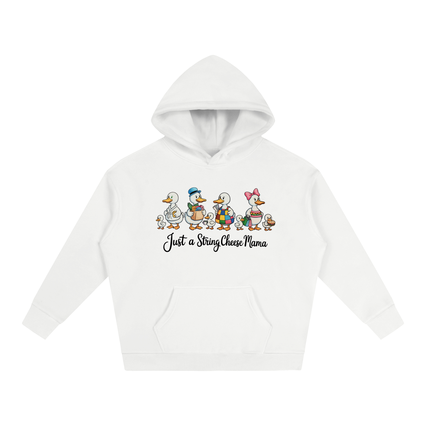 Just A String Cheese Mama Goose Family Hoodie in White, flat lay.