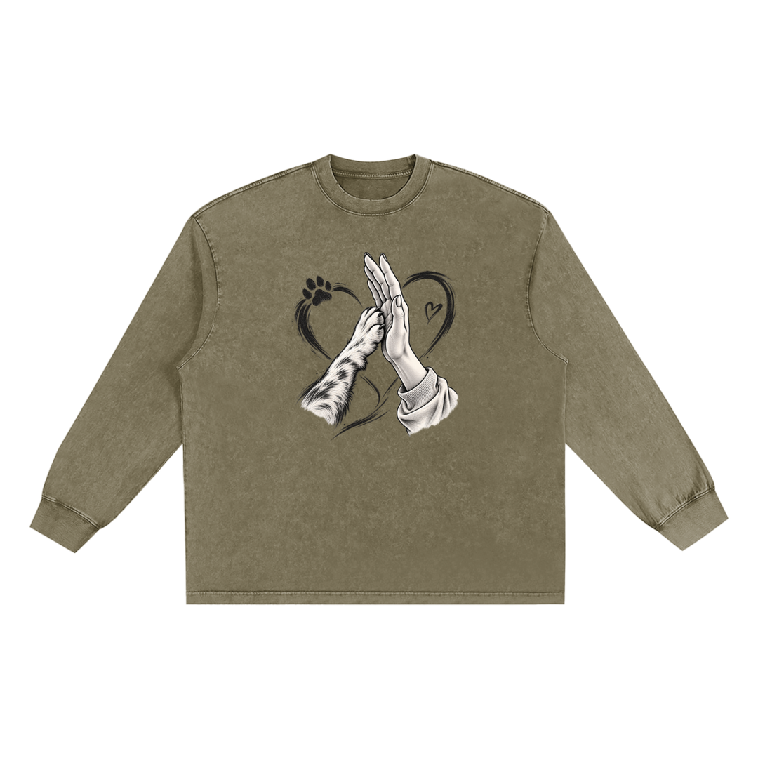 MOM LOVER Wing Logo Snow-Washed Frayed Long Sleeve Tee