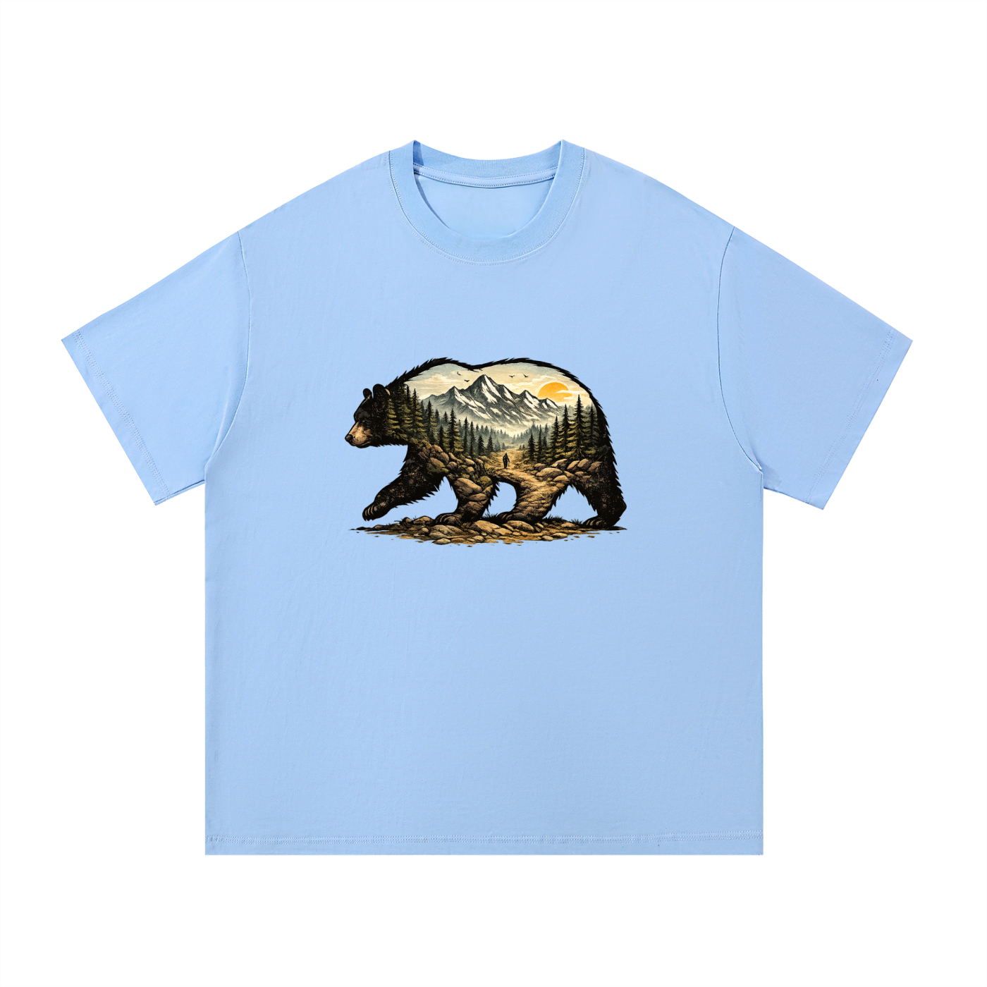 Bear Double Exposure Mountain Landscape Tee in Blue, flat lay.