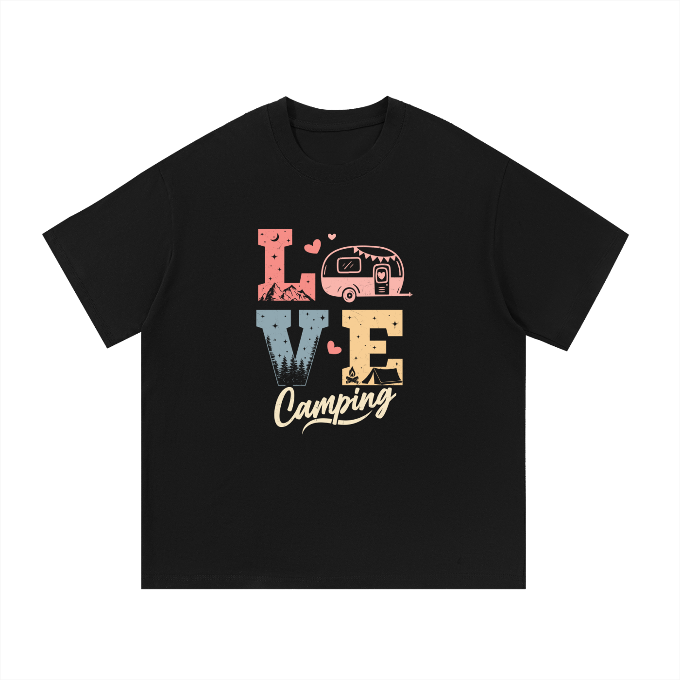 Love Camping Pastel Caravan Retro Tee in Black, flat lay.