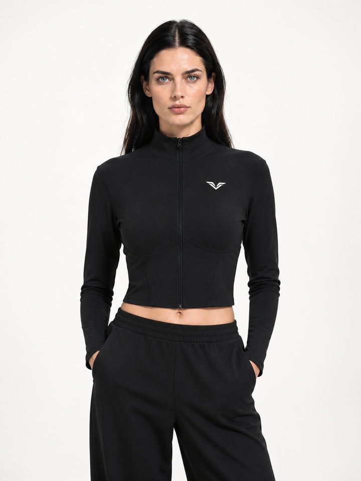 Wing Logo Cropped Full-Zip Sports Jacket — Black