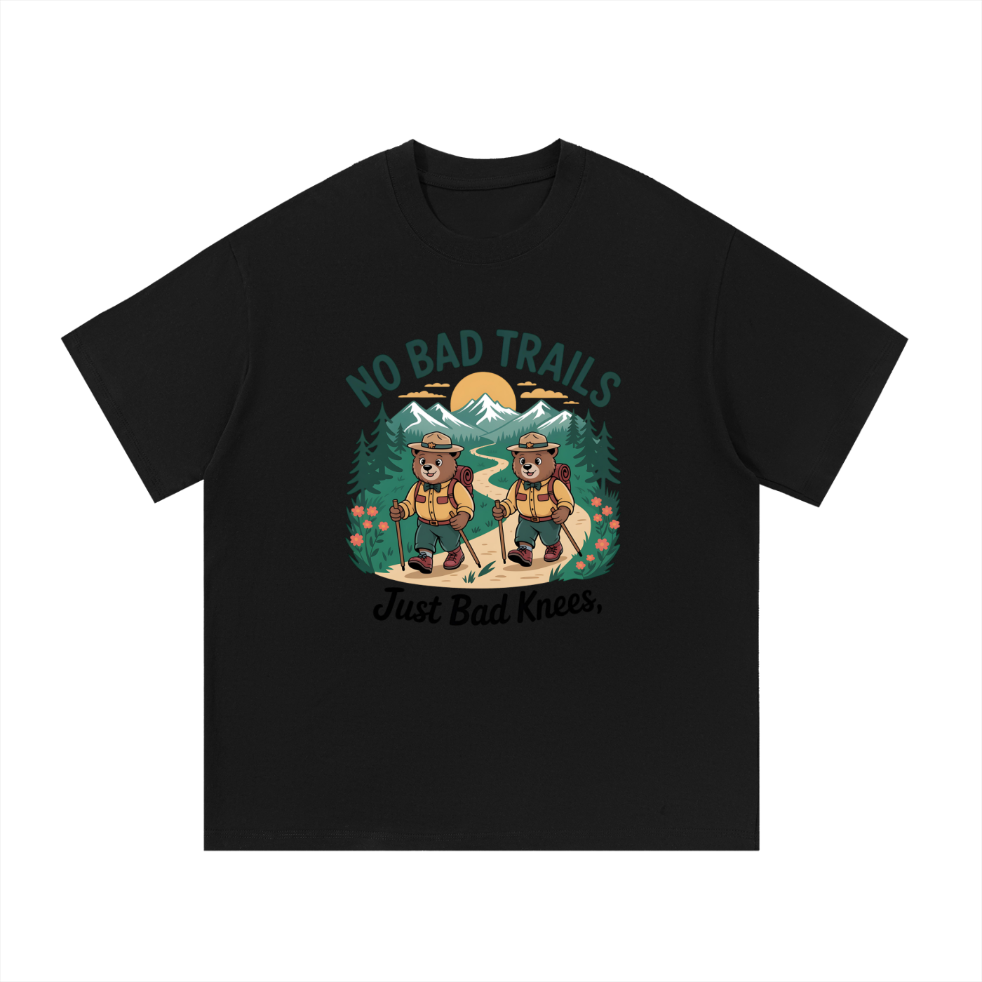 No Bad Trails Just Bad Knees Ranger Bear Tee in Black, flat lay.