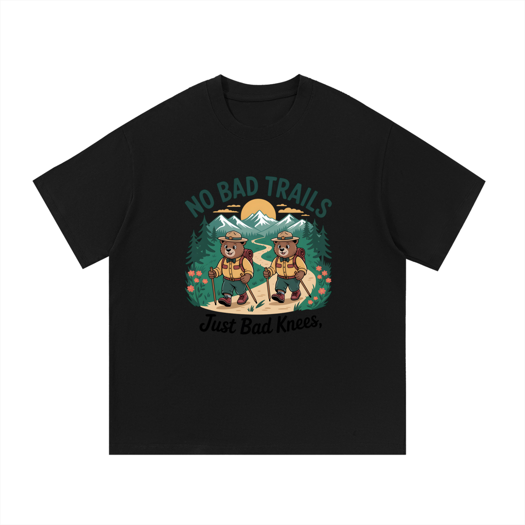 No Bad Trails Just Bad Knees Ranger Bear Tee in Black, flat lay.