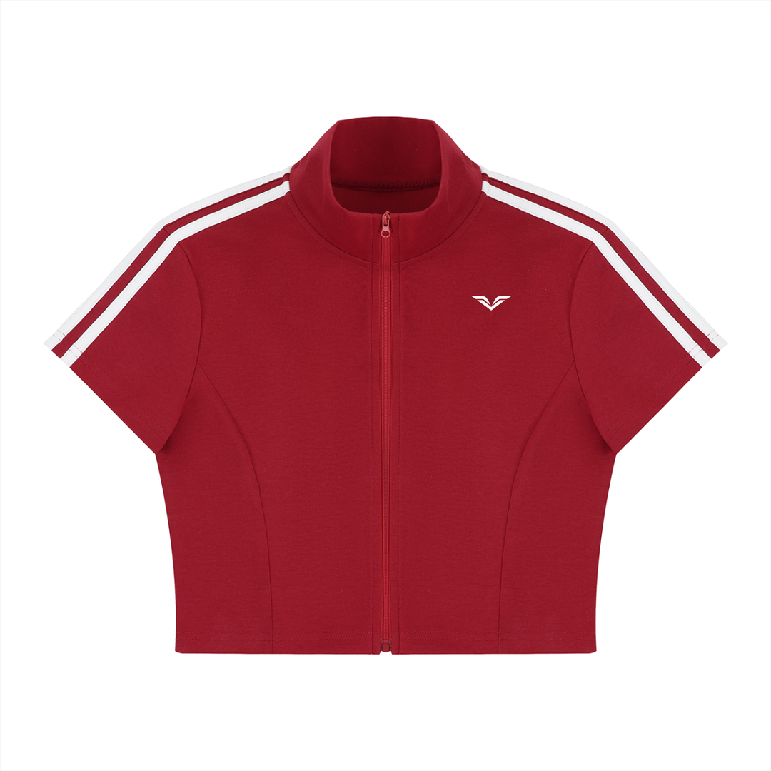 Wing Logo Cropped Full-Zip Short Sleeve Top in Red, flat lay.