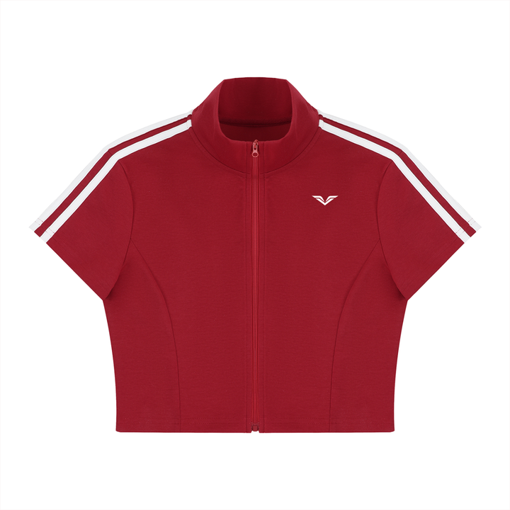 Wing Logo Cropped Full-Zip Short Sleeve Top in Red, flat lay.