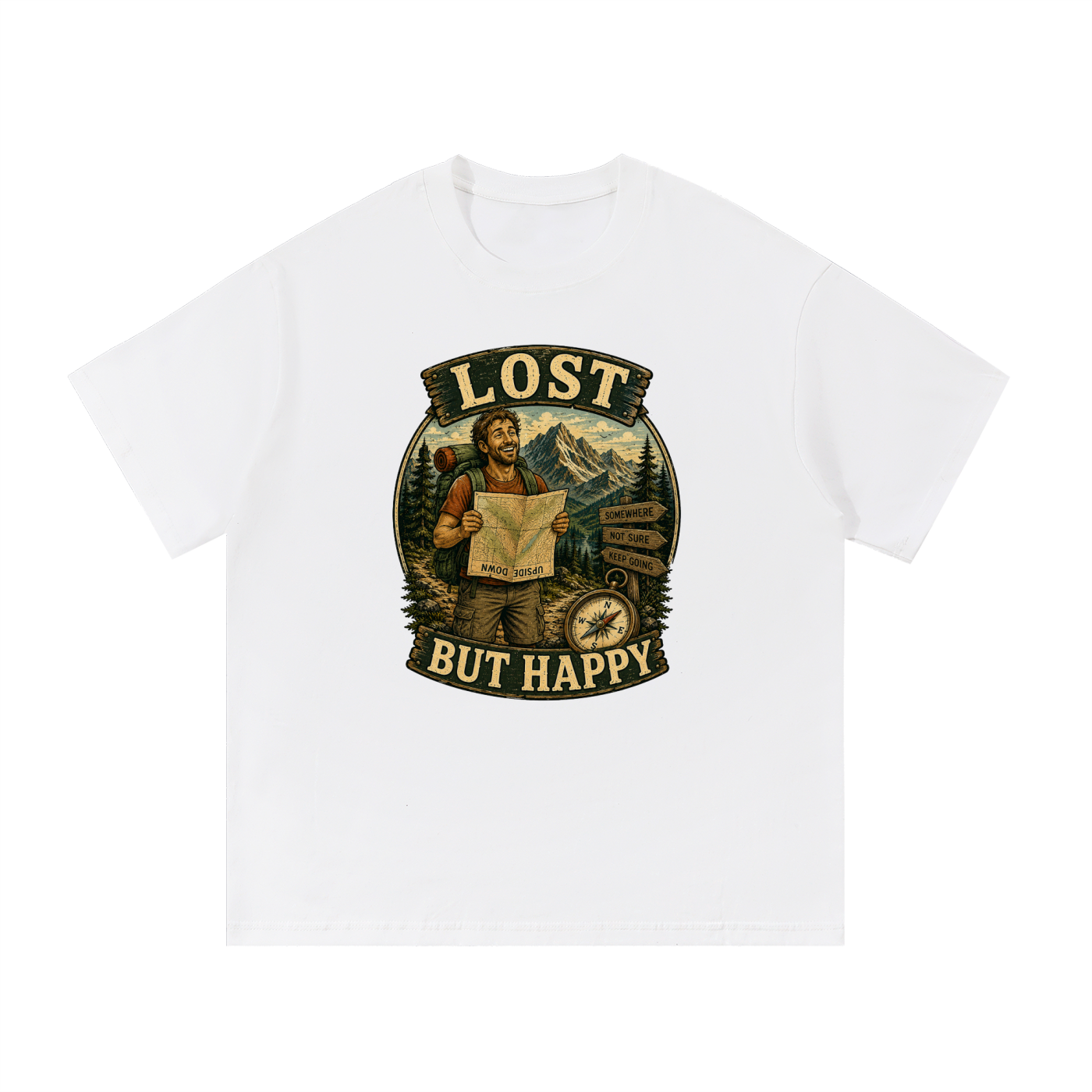 Lost But Happy Vintage Hiker Illustration Tee in White, flat lay.