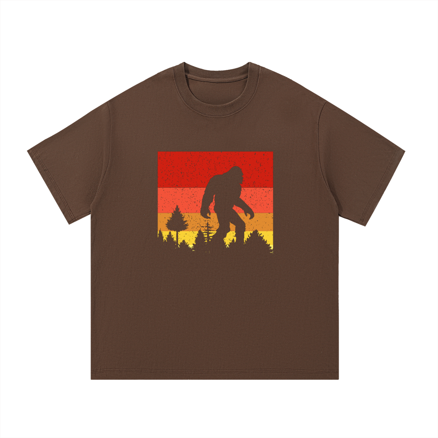 Bigfoot Retro Sunset Silhouette Cotton Tee in Coffee, flat lay.