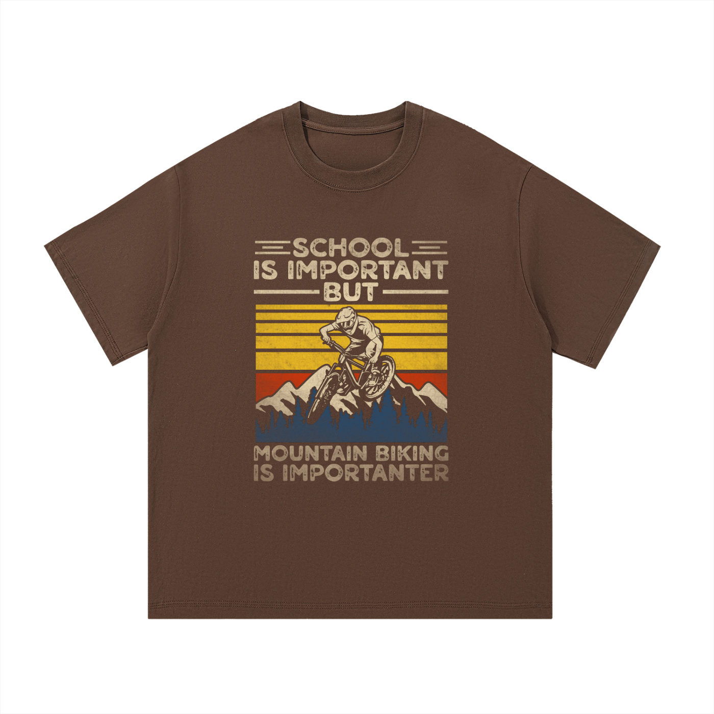 Mountain Biking Is Importanter Funny Tee in Coffee, flat lay.