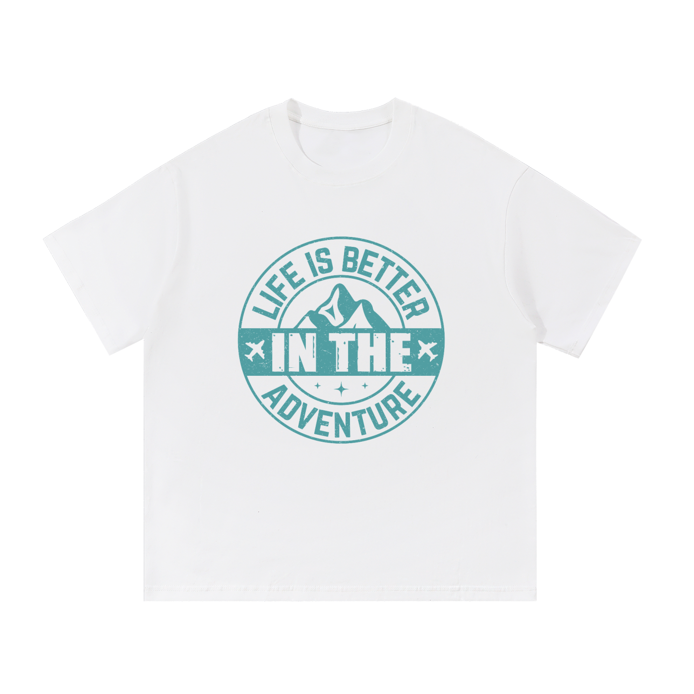Life Is Better In The Adventure Mountain Badge Tee in White, flat lay.