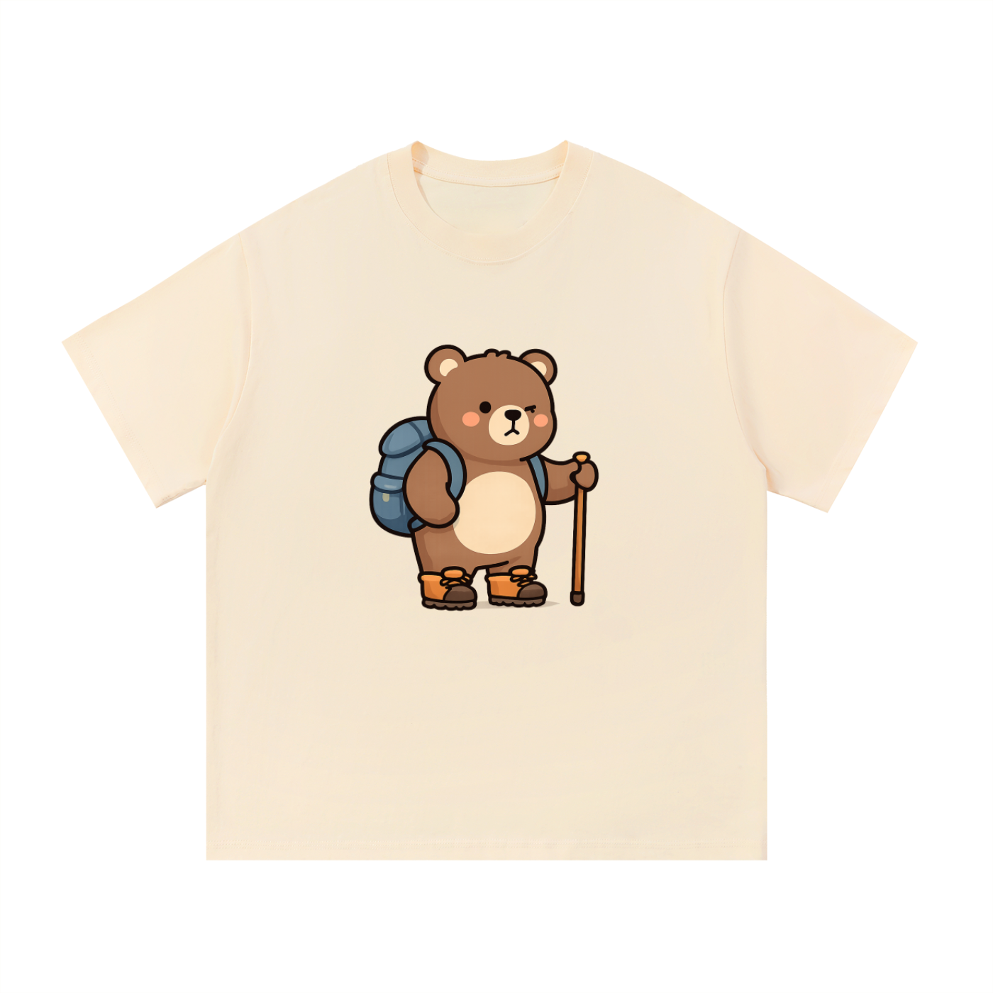 Cute Hiking Bear Illustrated Cotton Tee in Apricot, flat lay.