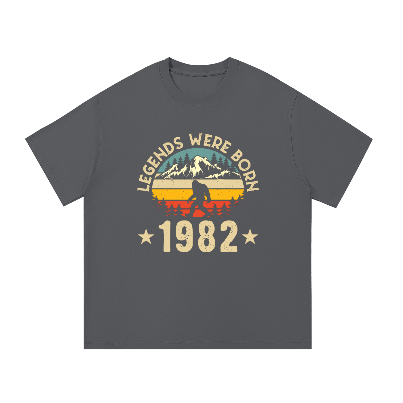 Legends Were Born 1982 Retro Birthday Tee in Dark Gray, flat lay.