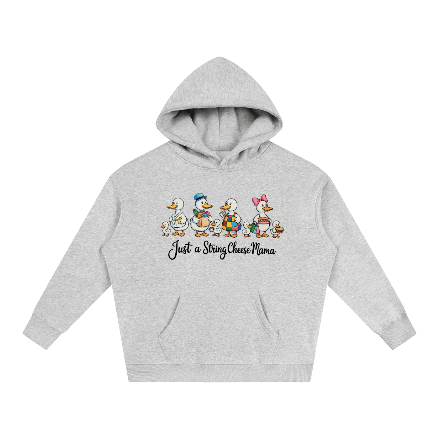 Just A String Cheese Mama Goose Family Hoodie in Flower Gray, flat lay.